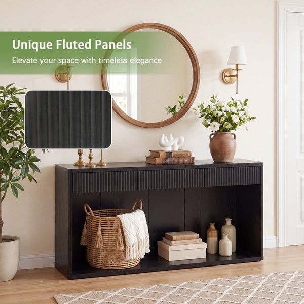 English Elm 63 Inch Fluted Console Table with 3 Drawers Open Shelf for Entryway or Living Room Black W2917P542461