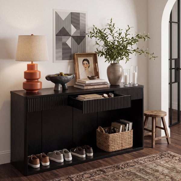 English Elm 63 Inch Fluted Console Table with 3 Drawers Open Shelf for Entryway or Living Room Black W2917P542461