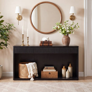 English Elm 63 Inch Fluted Console Table with 3 Drawers Open Shelf for Entryway or Living Room Black W2917P542461