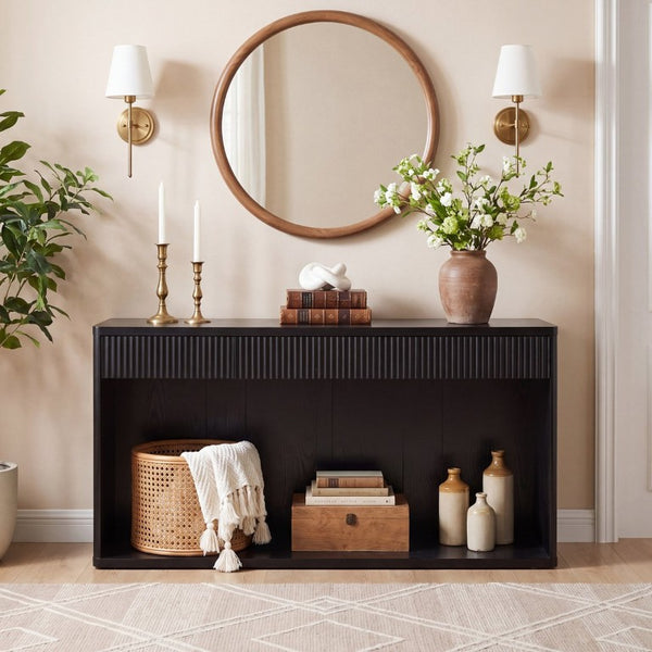 English Elm 63 Inch Fluted Console Table with 3 Drawers Open Shelf for Entryway or Living Room Black W2917P542461