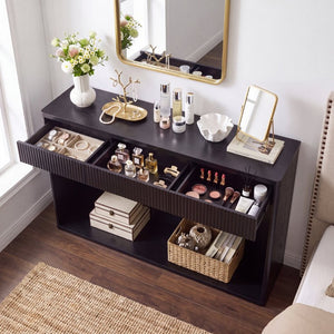 English Elm 63 Inch Fluted Console Table with 3 Drawers Open Shelf for Entryway or Living Room Black W2917P542461