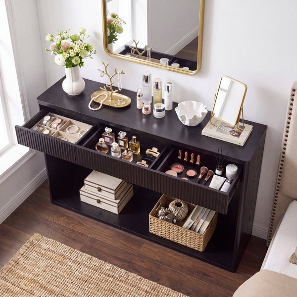 English Elm 63 Inch Fluted Console Table with 3 Drawers Open Shelf for Entryway or Living Room Black W2917P542461