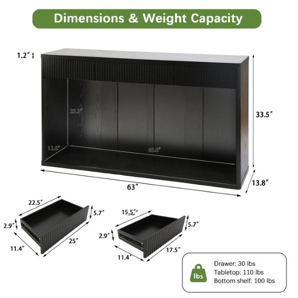 English Elm 63 Inch Fluted Console Table with 3 Drawers Open Shelf for Entryway or Living Room Black W2917P542461