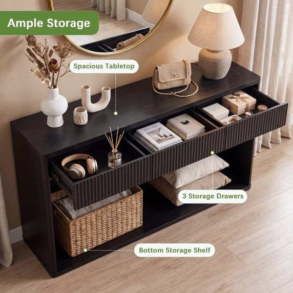 English Elm 63 Inch Fluted Console Table with 3 Drawers Open Shelf for Entryway or Living Room Black W2917P542461