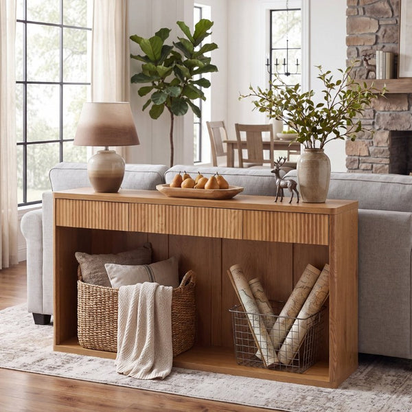 English Elm 63 Inch Fluted Console Table with 3 Drawers Open Shelf for Entryway or Living Room Natural W2917P542470