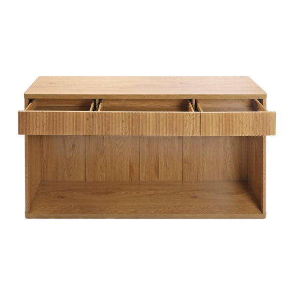 English Elm 63 Inch Fluted Console Table with 3 Drawers Open Shelf for Entryway or Living Room Natural W2917P542470