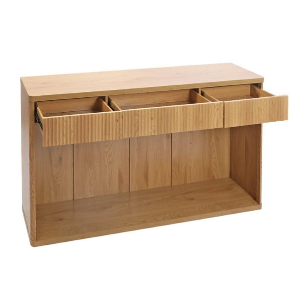 English Elm 63 Inch Fluted Console Table with 3 Drawers Open Shelf for Entryway or Living Room Natural W2917P542470
