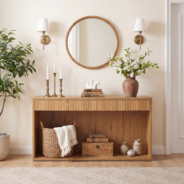 English Elm 63 Inch Fluted Console Table with 3 Drawers Open Shelf for Entryway or Living Room Natural W2917P542470