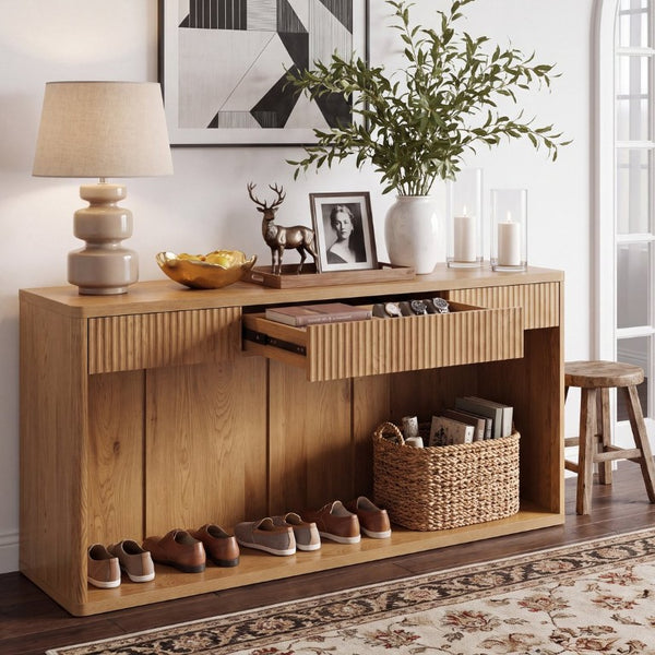 English Elm 63 Inch Fluted Console Table with 3 Drawers Open Shelf for Entryway or Living Room Natural W2917P542470