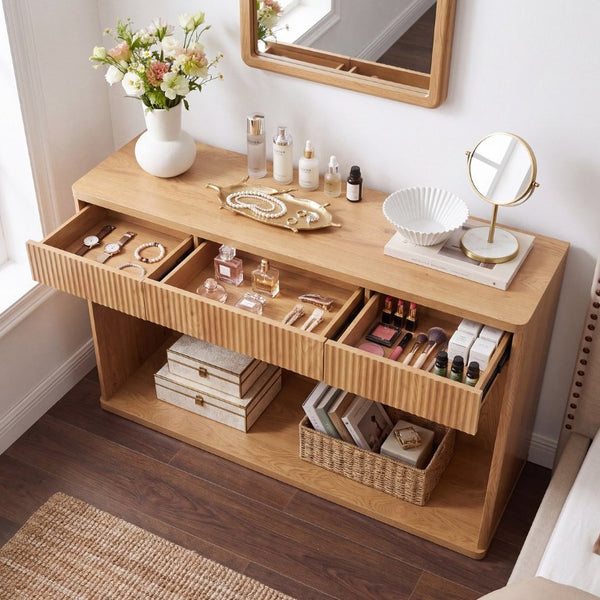 English Elm 63 Inch Fluted Console Table with 3 Drawers Open Shelf for Entryway or Living Room Natural W2917P542470