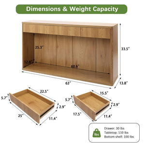 English Elm 63 Inch Fluted Console Table with 3 Drawers Open Shelf for Entryway or Living Room Natural W2917P542470