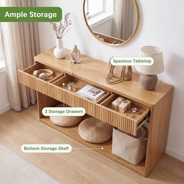 English Elm 63 Inch Fluted Console Table with 3 Drawers Open Shelf for Entryway or Living Room Natural W2917P542470
