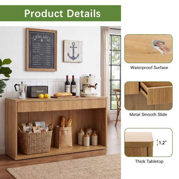 English Elm 63 Inch Fluted Console Table with 3 Drawers Open Shelf for Entryway or Living Room Natural W2917P542470