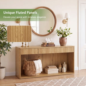 English Elm 63 Inch Fluted Console Table with 3 Drawers Open Shelf for Entryway or Living Room Natural W2917P542470