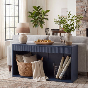 English Elm 63 Inch Fluted Console Table with 3 Drawers Open Shelf for Entryway or Living Room Navy Blue W2917P542483