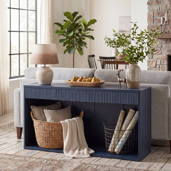English Elm 63 Inch Fluted Console Table with 3 Drawers Open Shelf for Entryway or Living Room Navy Blue W2917P542483