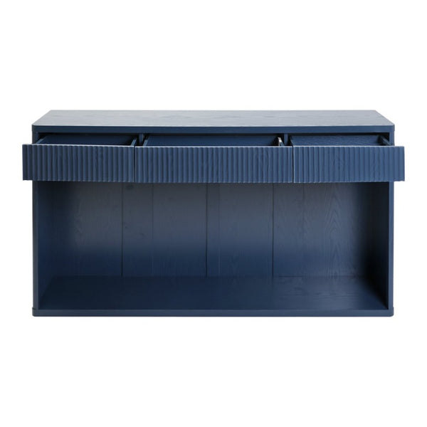 English Elm 63 Inch Fluted Console Table with 3 Drawers Open Shelf for Entryway or Living Room Navy Blue W2917P542483