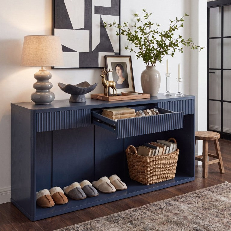 English Elm 63 Inch Fluted Console Table with 3 Drawers Open Shelf for Entryway or Living Room Navy Blue W2917P542483