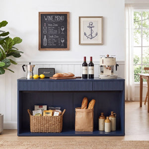 English Elm 63 Inch Fluted Console Table with 3 Drawers Open Shelf for Entryway or Living Room Navy Blue W2917P542483