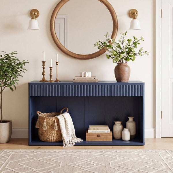 English Elm 63 Inch Fluted Console Table with 3 Drawers Open Shelf for Entryway or Living Room Navy Blue W2917P542483