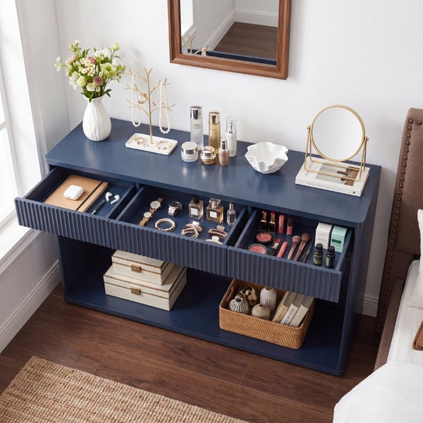 English Elm 63 Inch Fluted Console Table with 3 Drawers Open Shelf for Entryway or Living Room Navy Blue W2917P542483