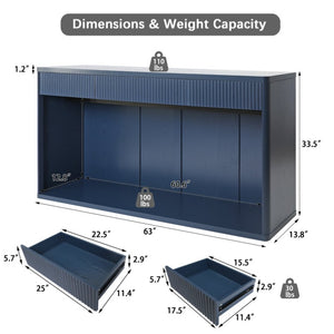 English Elm 63 Inch Fluted Console Table with 3 Drawers Open Shelf for Entryway or Living Room Navy Blue W2917P542483