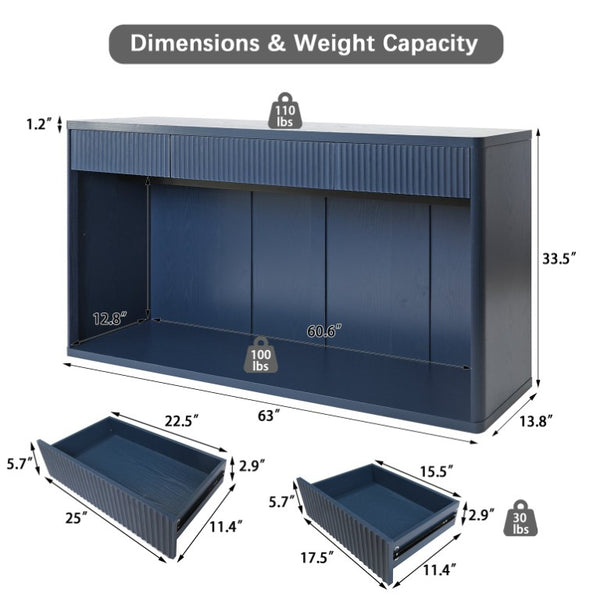 English Elm 63 Inch Fluted Console Table with 3 Drawers Open Shelf for Entryway or Living Room Navy Blue W2917P542483
