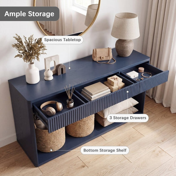 English Elm 63 Inch Fluted Console Table with 3 Drawers Open Shelf for Entryway or Living Room Navy Blue W2917P542483