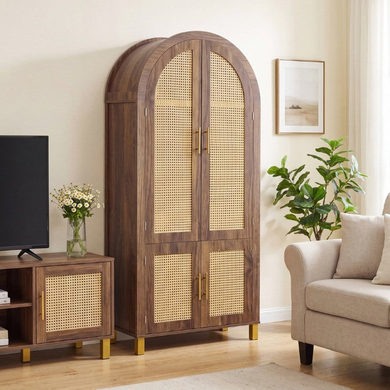 English Elm 71 Inch Arched Rattan Door Storage Cabinet with Adjustable Shelves for Modern Farmhouse Kitchens W2917P554641