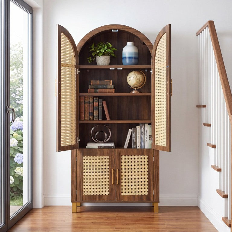 English Elm 71 Inch Arched Rattan Door Storage Cabinet with Adjustable Shelves for Modern Farmhouse Kitchens W2917P554641