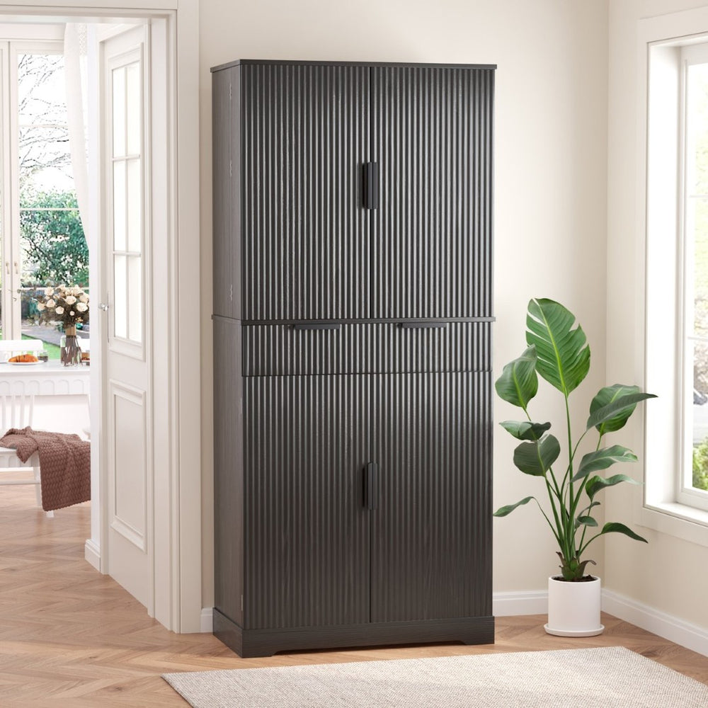 English Elm 72 Inch Fluted Matte Black Pantry Cabinet with Slide Out Drawers and Vertical Storage W2917S00018