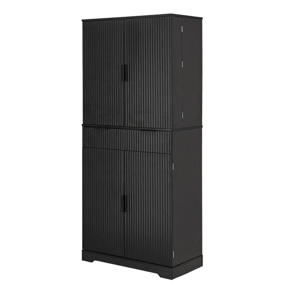 English Elm 72 Inch Fluted Matte Black Pantry Cabinet with Slide Out Drawers and Vertical Storage W2917S00018