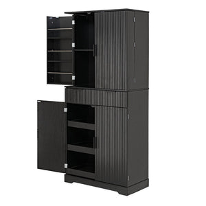 English Elm 72 Inch Fluted Matte Black Pantry Cabinet with Slide Out Drawers and Vertical Storage W2917S00018