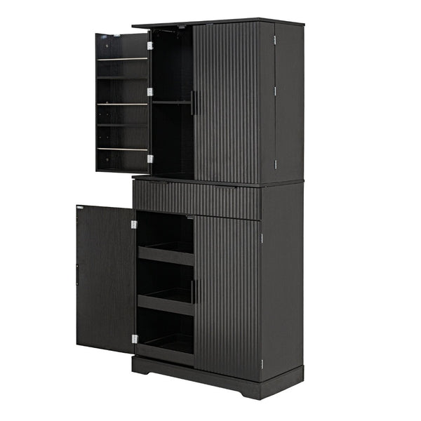 English Elm 72 Inch Fluted Matte Black Pantry Cabinet with Slide Out Drawers and Vertical Storage W2917S00018