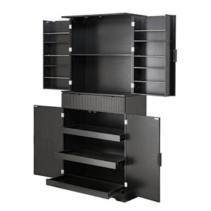 English Elm 72 Inch Fluted Matte Black Pantry Cabinet with Slide Out Drawers and Vertical Storage W2917S00018