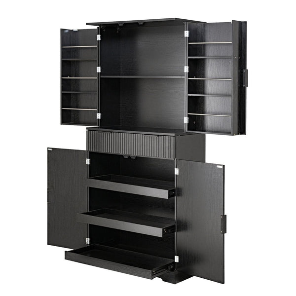English Elm 72 Inch Fluted Matte Black Pantry Cabinet with Slide Out Drawers and Vertical Storage W2917S00018