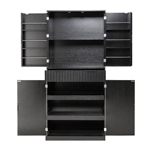 English Elm 72 Inch Fluted Matte Black Pantry Cabinet with Slide Out Drawers and Vertical Storage W2917S00018