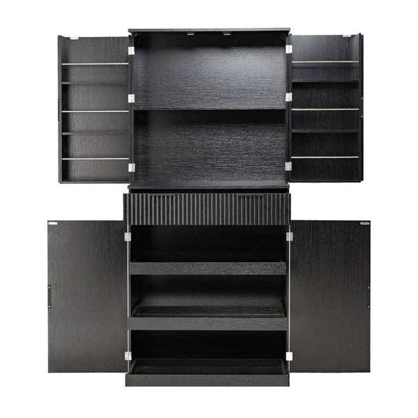 English Elm 72 Inch Fluted Matte Black Pantry Cabinet with Slide Out Drawers and Vertical Storage W2917S00018