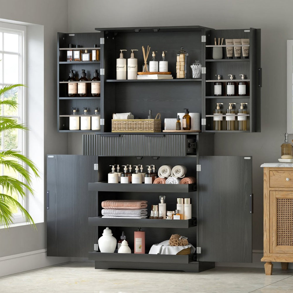 English Elm 72 Inch Fluted Matte Black Pantry Cabinet with Slide Out Drawers and Vertical Storage W2917S00018