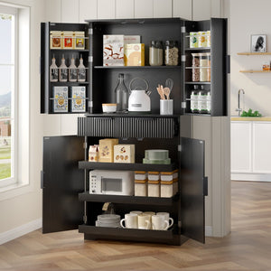 English Elm 72 Inch Fluted Matte Black Pantry Cabinet with Slide Out Drawers and Vertical Storage W2917S00018
