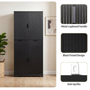 English Elm 72 Inch Fluted Matte Black Pantry Cabinet with Slide Out Drawers and Vertical Storage W2917S00018
