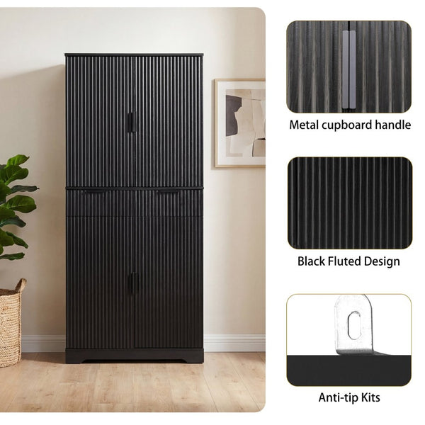 English Elm 72 Inch Fluted Matte Black Pantry Cabinet with Slide Out Drawers and Vertical Storage W2917S00018