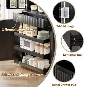English Elm 72 Inch Fluted Matte Black Pantry Cabinet with Slide Out Drawers and Vertical Storage W2917S00018