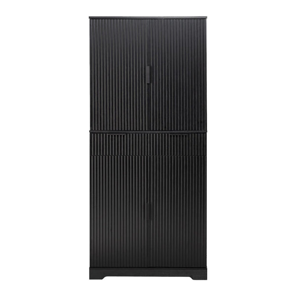 English Elm 72 Inch Fluted Matte Black Pantry Cabinet with Slide Out Drawers and Vertical Storage W2917S00018