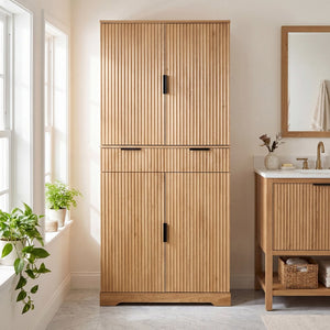 English Elm 72 Inch Fluted Pantry Cabinet Oak Finish with Drawers and Door Shelves Freestanding W2917S00019