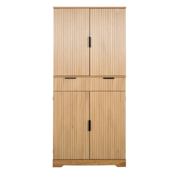 English Elm 72 Inch Fluted Pantry Cabinet Oak Finish with Drawers and Door Shelves Freestanding W2917S00019