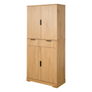 English Elm 72 Inch Fluted Pantry Cabinet Oak Finish with Drawers and Door Shelves Freestanding W2917S00019