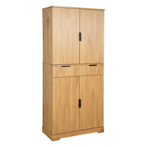 English Elm 72 Inch Fluted Pantry Cabinet Oak Finish with Drawers and Door Shelves Freestanding W2917S00019