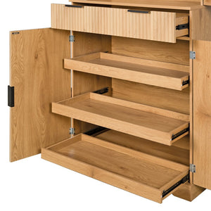 English Elm 72 Inch Fluted Pantry Cabinet Oak Finish with Drawers and Door Shelves Freestanding W2917S00019