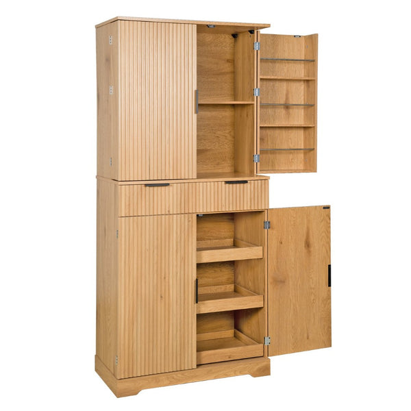 English Elm 72 Inch Fluted Pantry Cabinet Oak Finish with Drawers and Door Shelves Freestanding W2917S00019